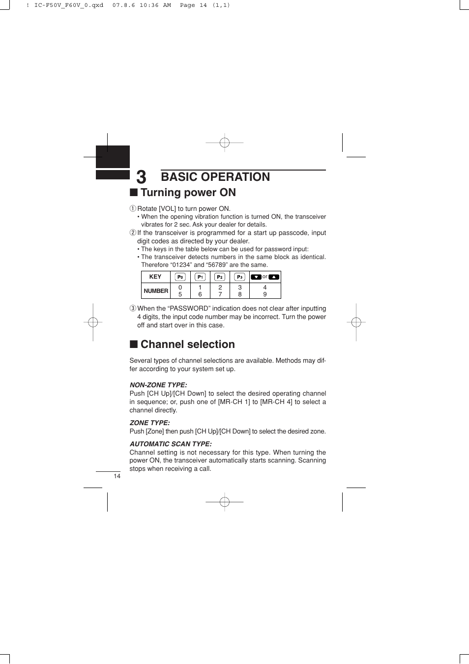 Basic operation, Turning power on, Channel selection | Icom IC-F60V User Manual | Page 20 / 48