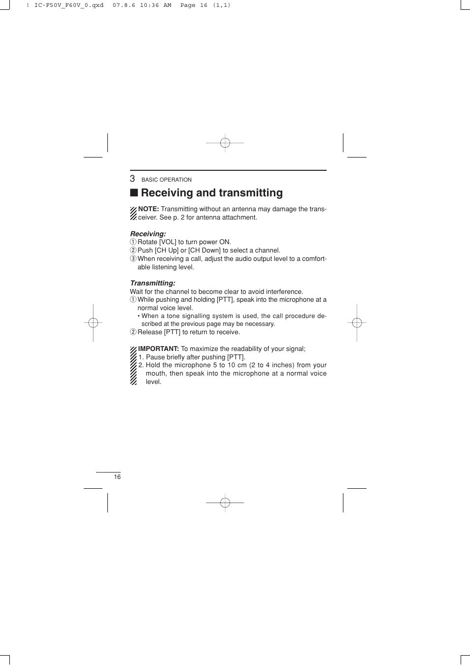 Receiving and transmitting | Icom IC-F60V User Manual | Page 22 / 48