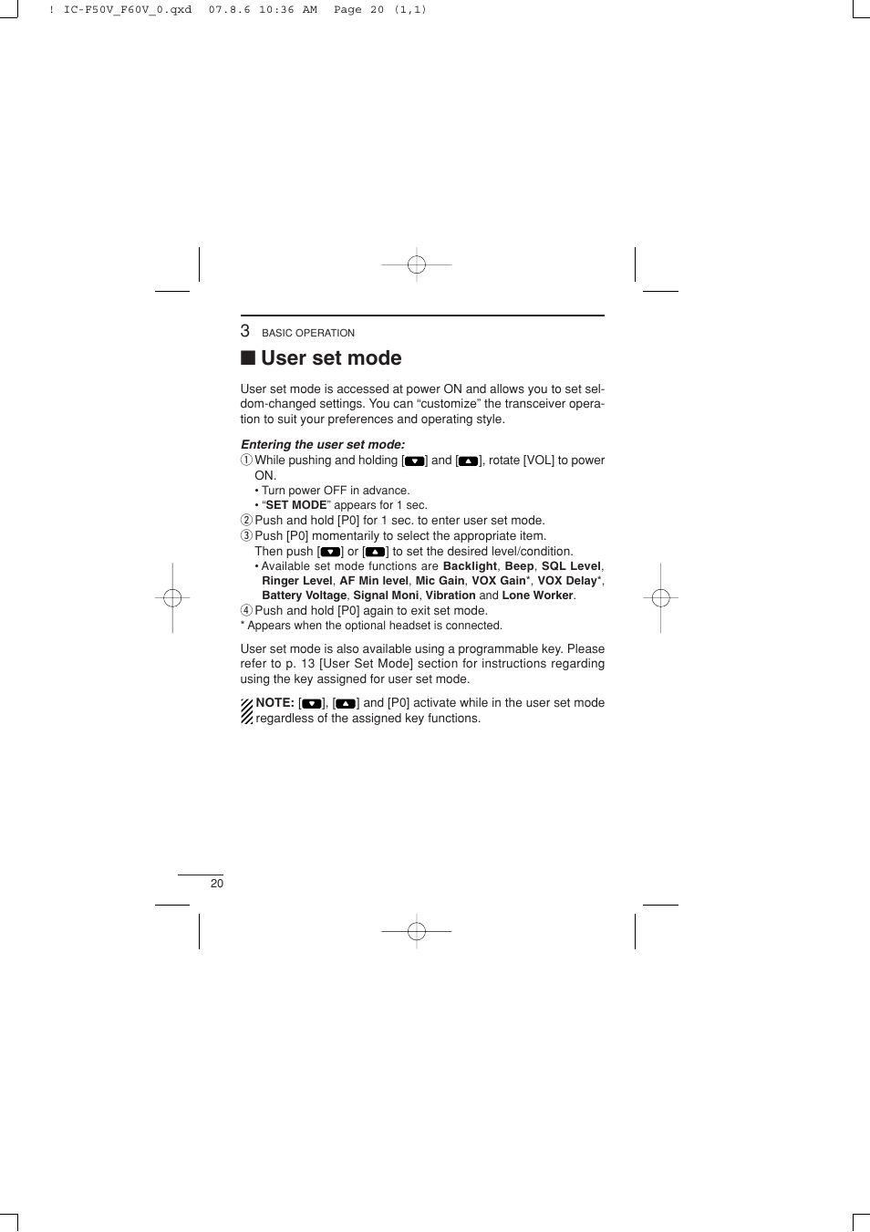 User set mode | Icom IC-F60V User Manual | Page 26 / 48