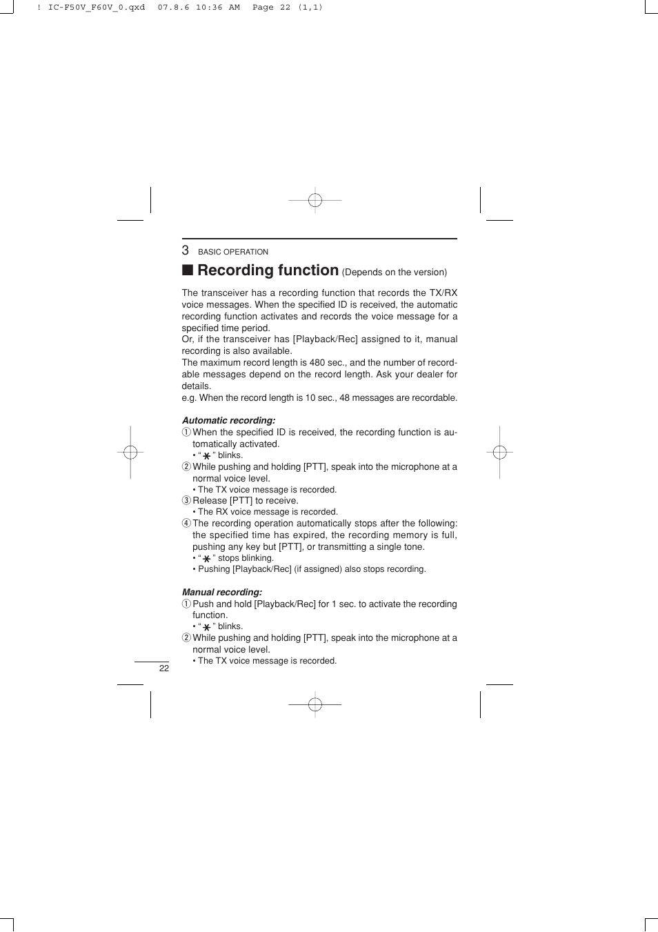 Recording function | Icom IC-F60V User Manual | Page 28 / 48