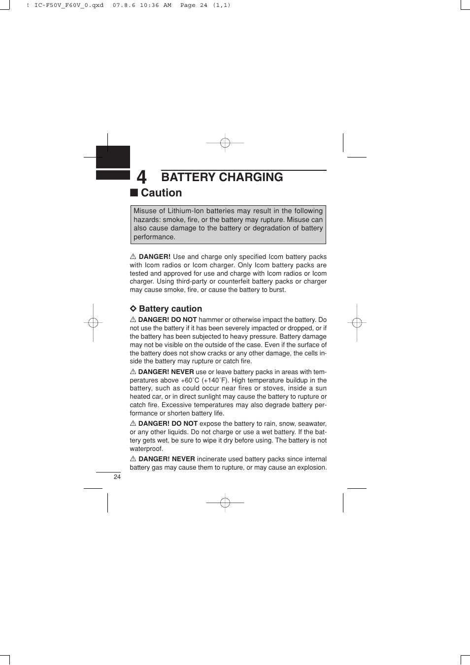 Battery charging, Caution | Icom IC-F60V User Manual | Page 30 / 48