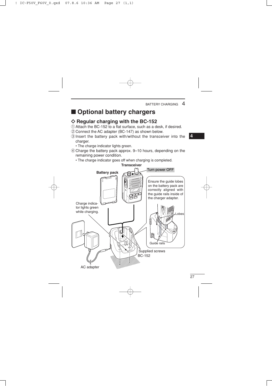 Optional battery chargers | Icom IC-F60V User Manual | Page 33 / 48