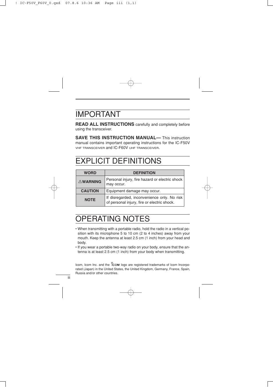 Important | Icom IC-F60V User Manual | Page 4 / 48