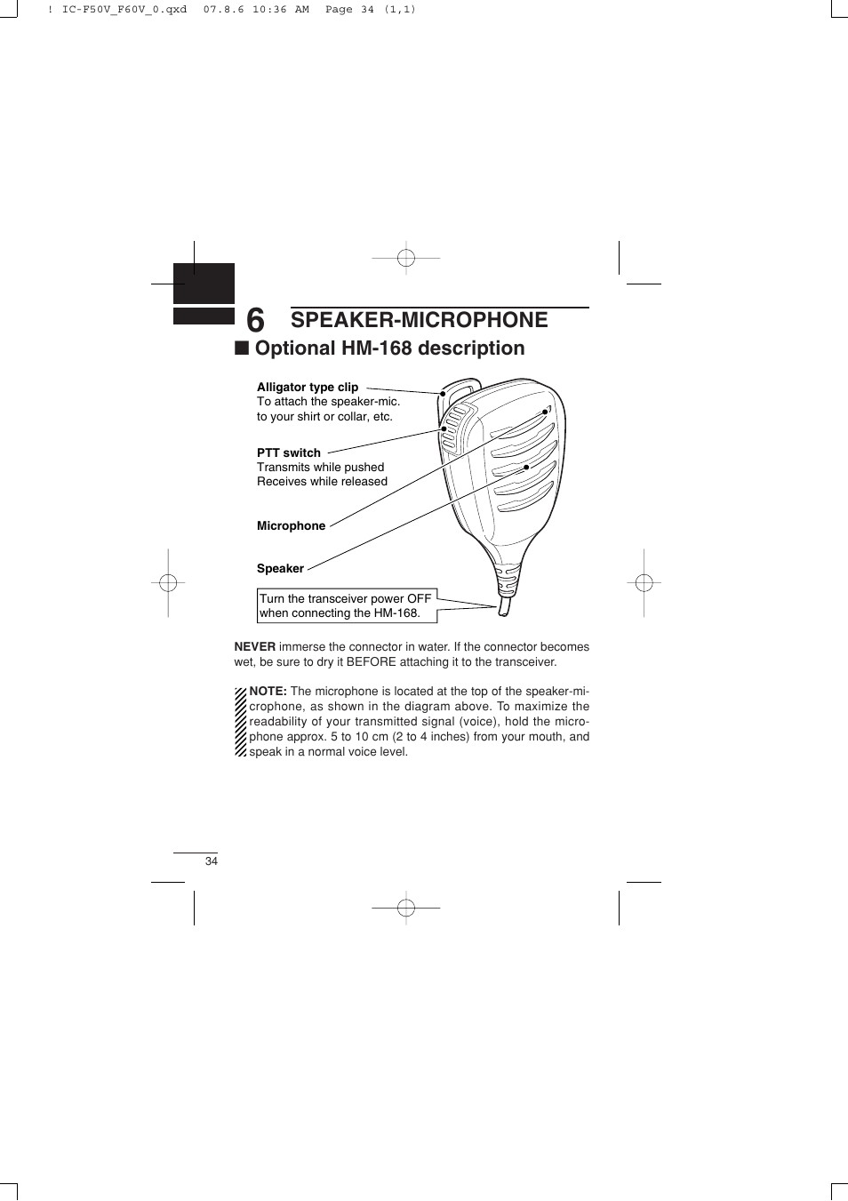 Speaker-microphone, Optional hm-168 description | Icom IC-F60V User Manual | Page 40 / 48