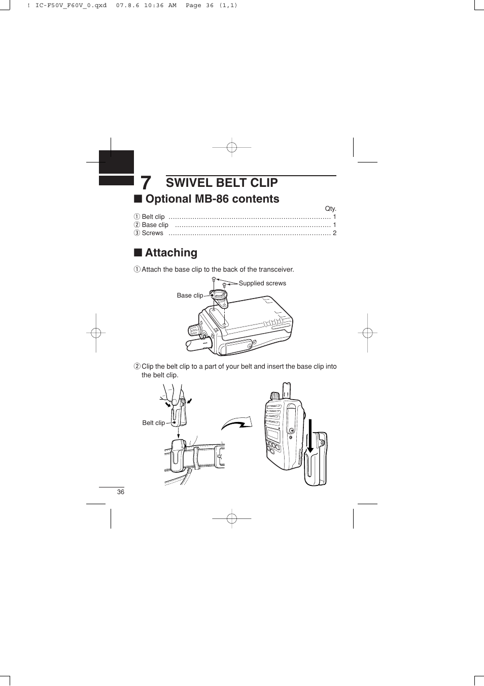 Swivel belt clip, Optional mb-86 contents, Attaching | Icom IC-F60V User Manual | Page 42 / 48