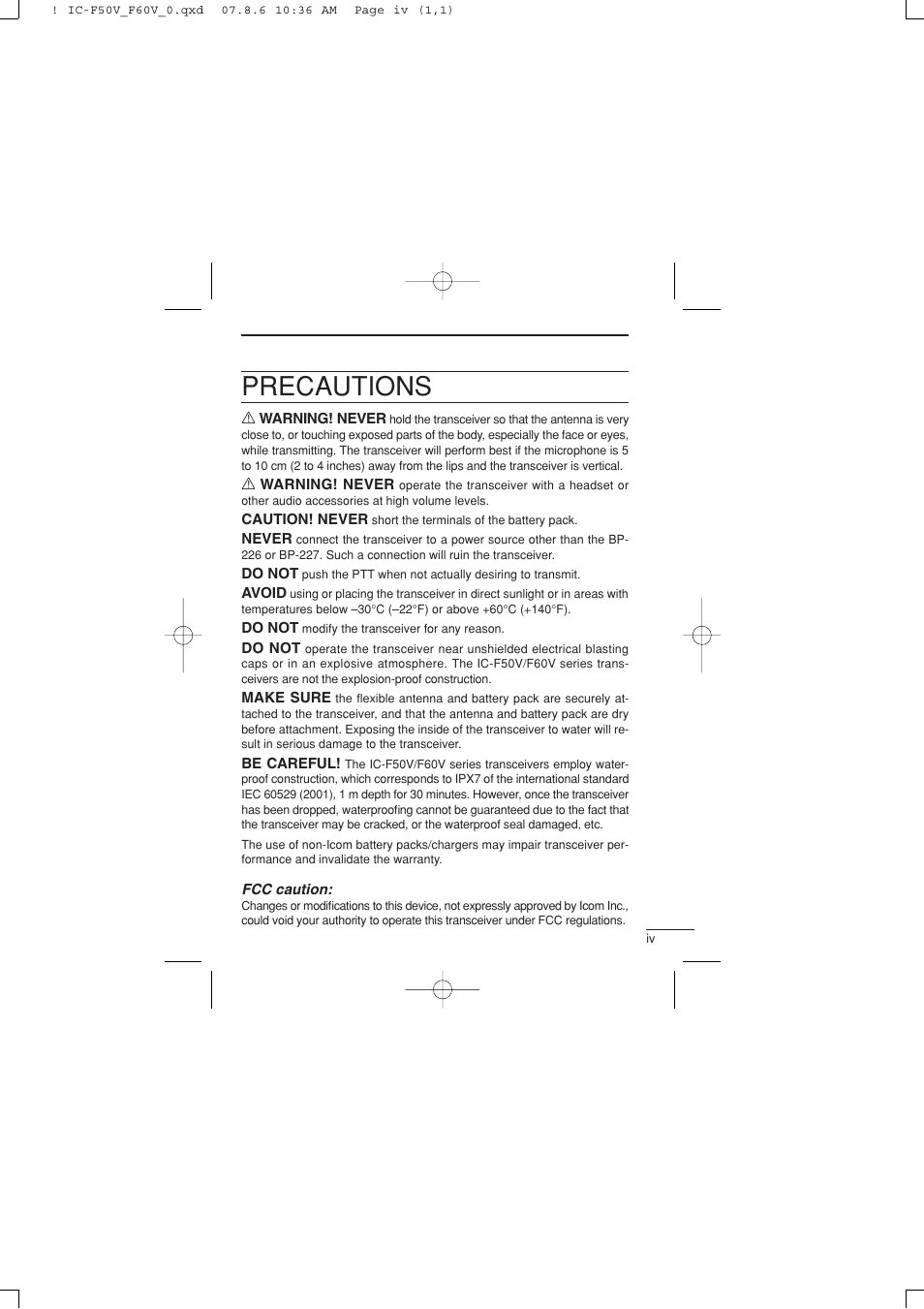 Precautions | Icom IC-F60V User Manual | Page 5 / 48