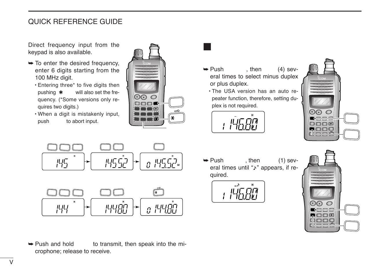 Repeater operation, Quick reference guide, Transmit and receive | Setting duplex, Repeater tone, Push [func] , then, Entering three* to five digits then pushing, Push, Keypad | Icom IC-V85-T User Manual | Page 12 / 80