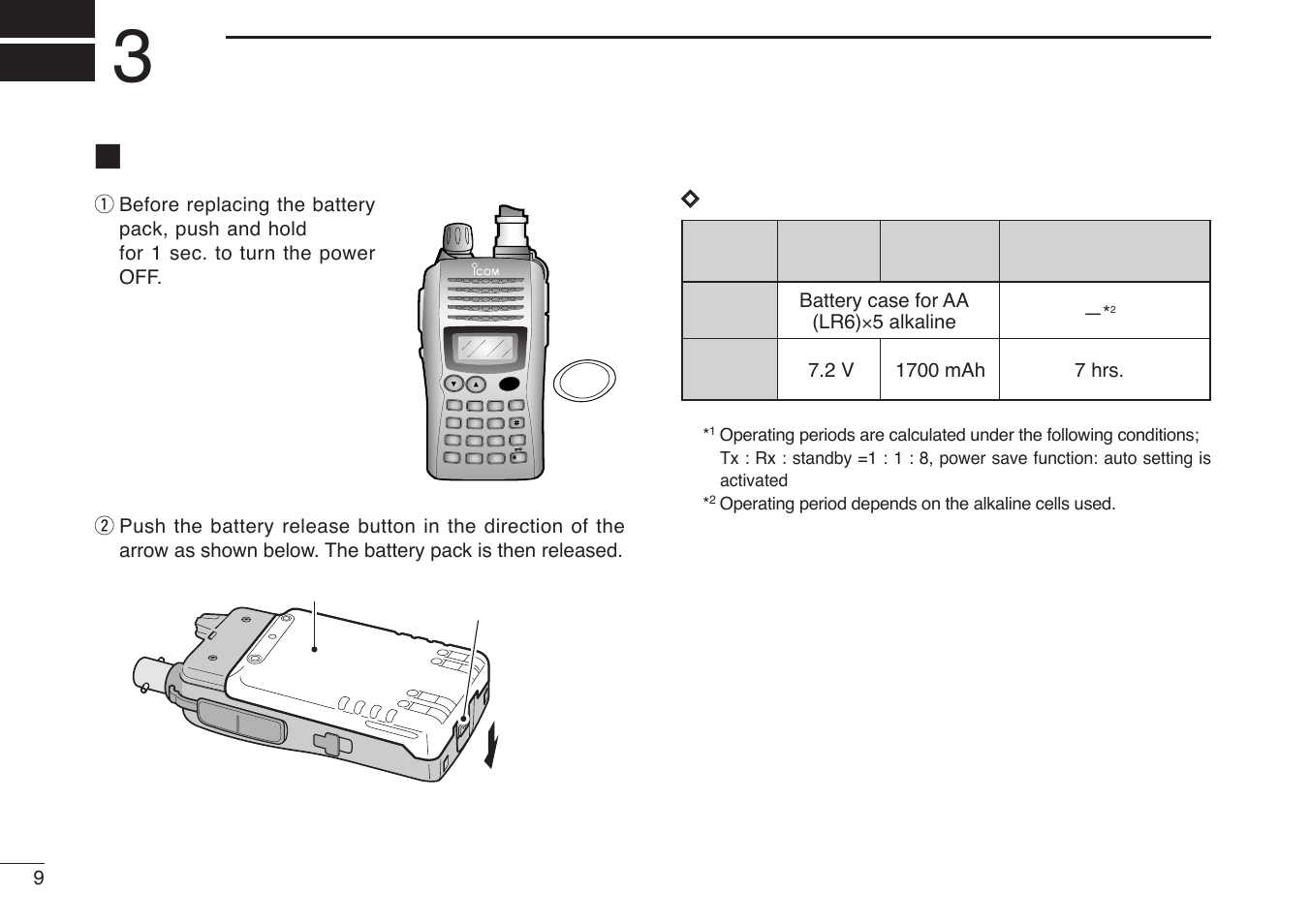 Battery packs, Battery pack replacement, Dbattery packs | Battery pack battery release button, Battery voltage capacity battery life, Pack bp-226 battery case for aa | Icom IC-V85-T User Manual | Page 22 / 80