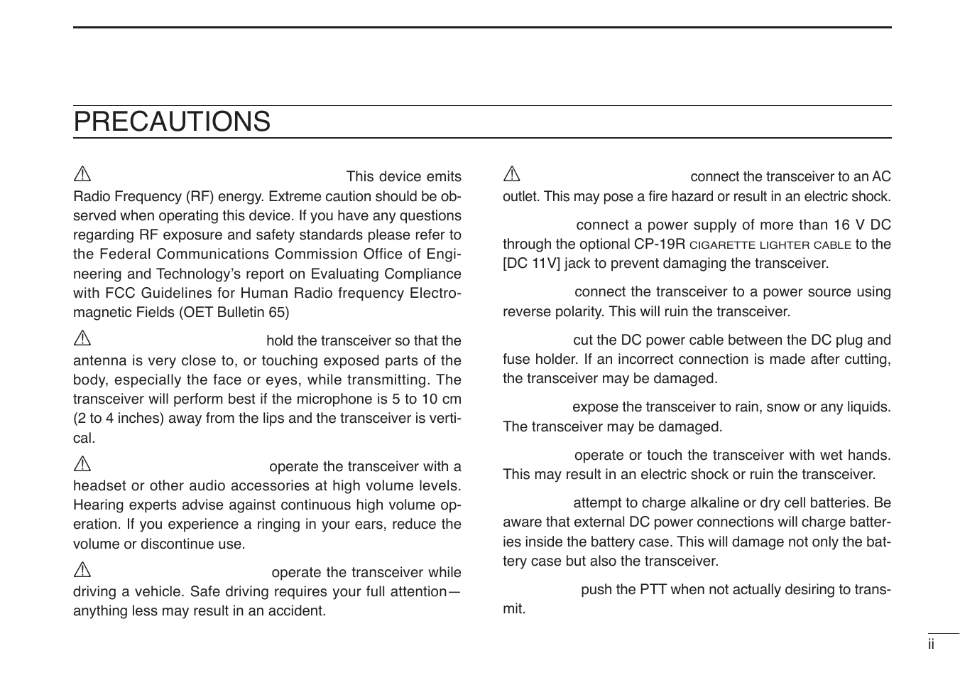 Precautions | Icom IC-V85-T User Manual | Page 3 / 80