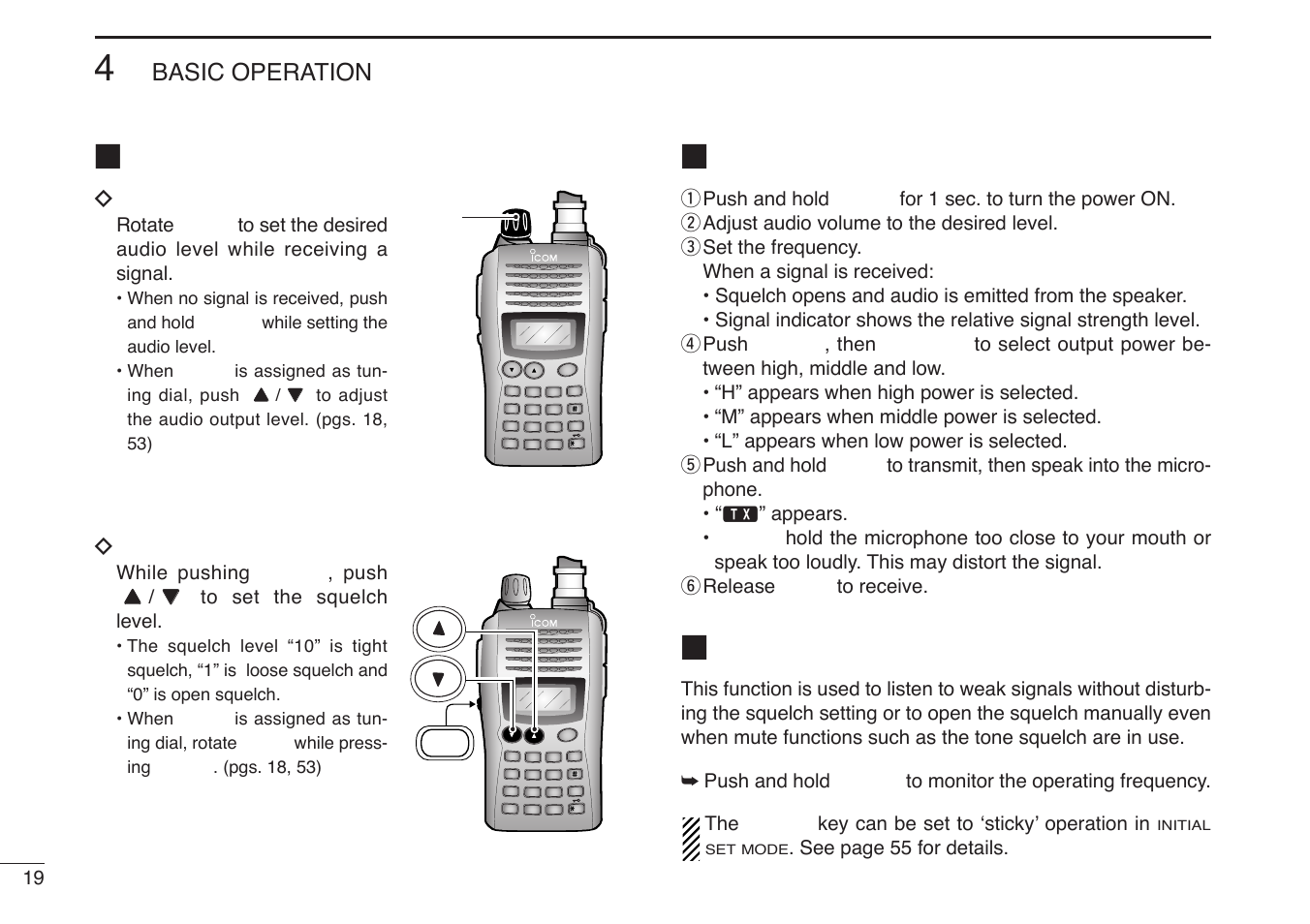 Setting audio/squelch level, Receive and transmit, Monitor function | Basic operation, Dto set the audio level, Dto set the squelch level, See page 55 for details | Icom IC-V85-T User Manual | Page 32 / 80