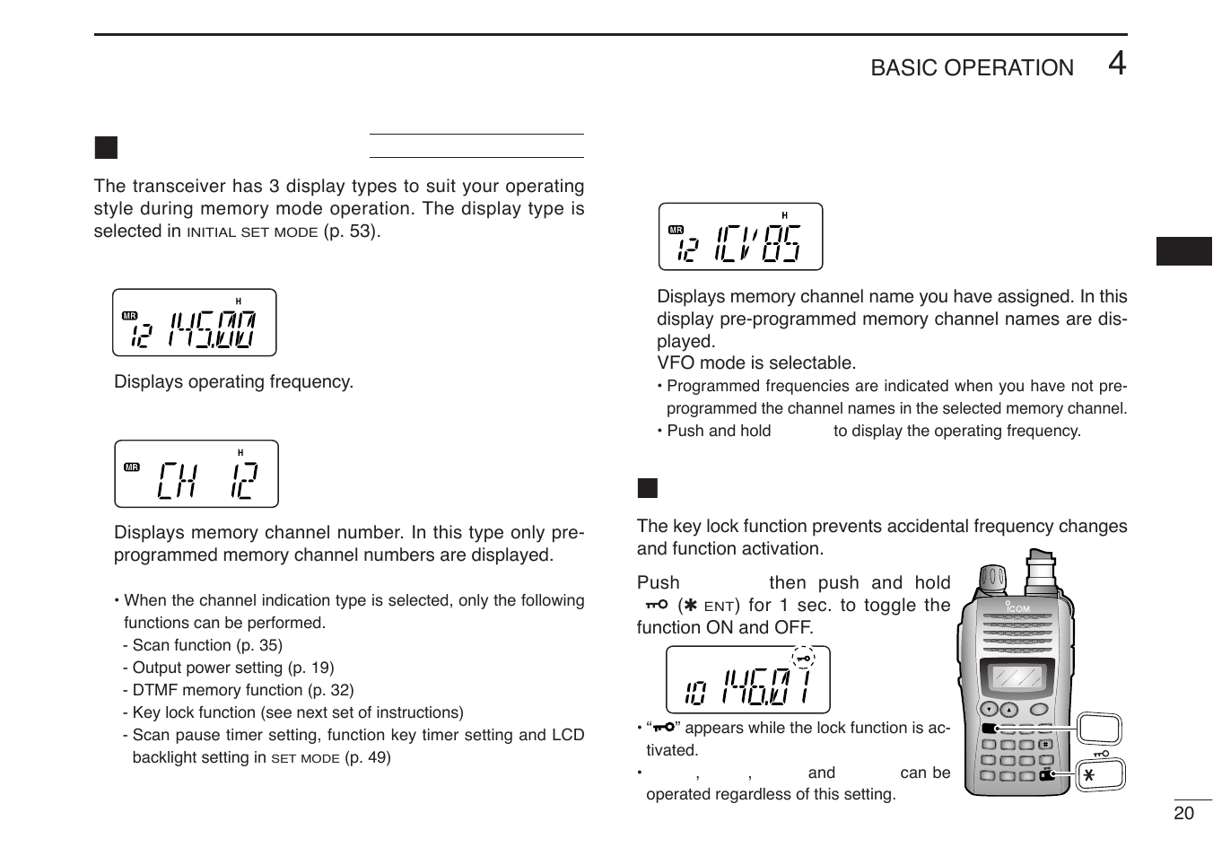 Display type, Key lock function, Basic operation | Icom IC-V85-T User Manual | Page 33 / 80