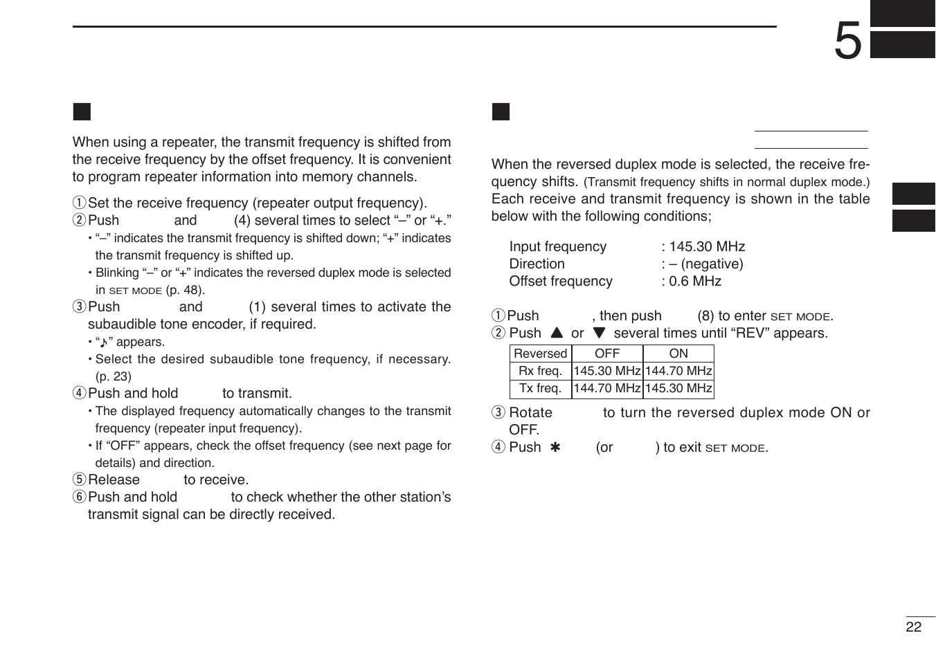 Repeater operation, General, Reversed duplex mode | Icom IC-V85-T User Manual | Page 35 / 80