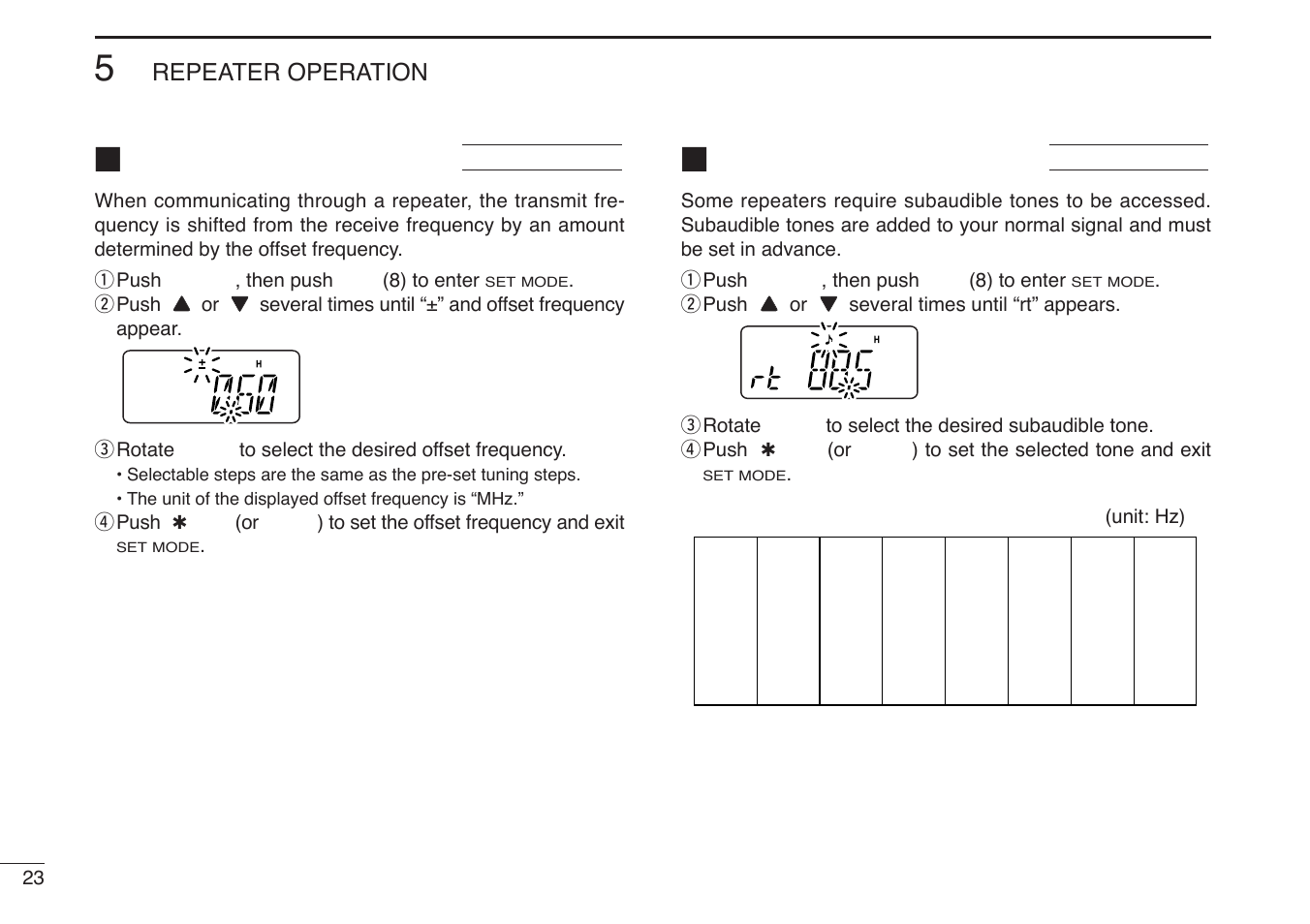Offset frequency, Subaudible tones | Icom IC-V85-T User Manual | Page 36 / 80