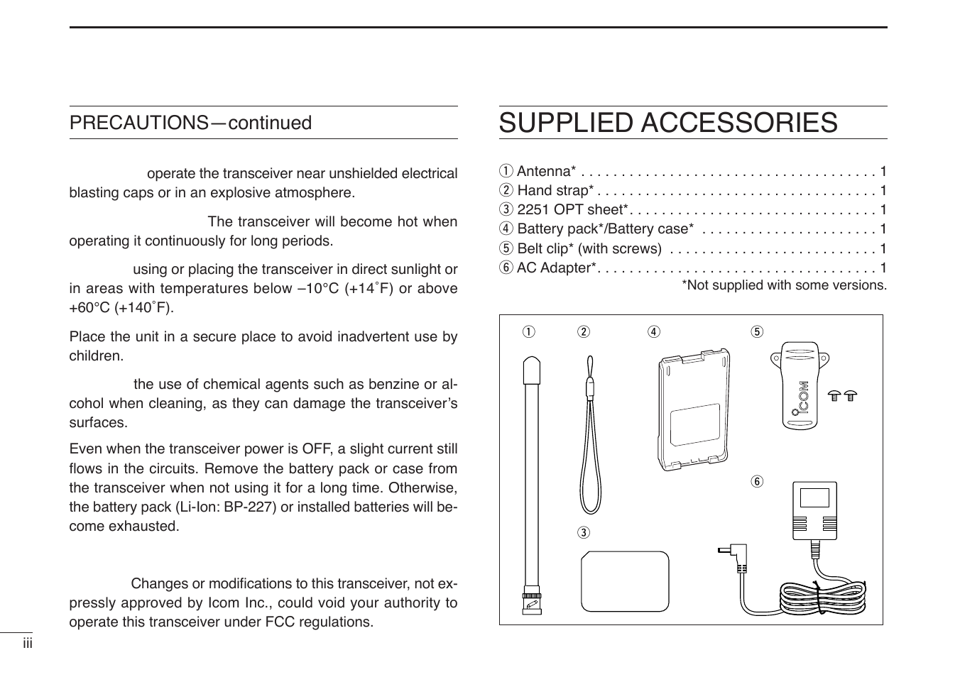 Supplied accessories, Do not, Be careful | Avoid, Precautions—continued | Icom IC-V85-T User Manual | Page 4 / 80