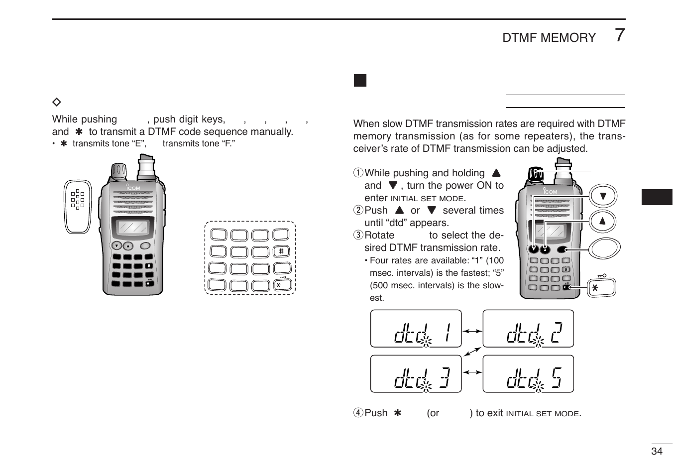 Dtmf transmission rate, Dmanual dtmf code transmission, R push | Or [clr] ) to exit, Initial set mode | Icom IC-V85-T User Manual | Page 47 / 80
