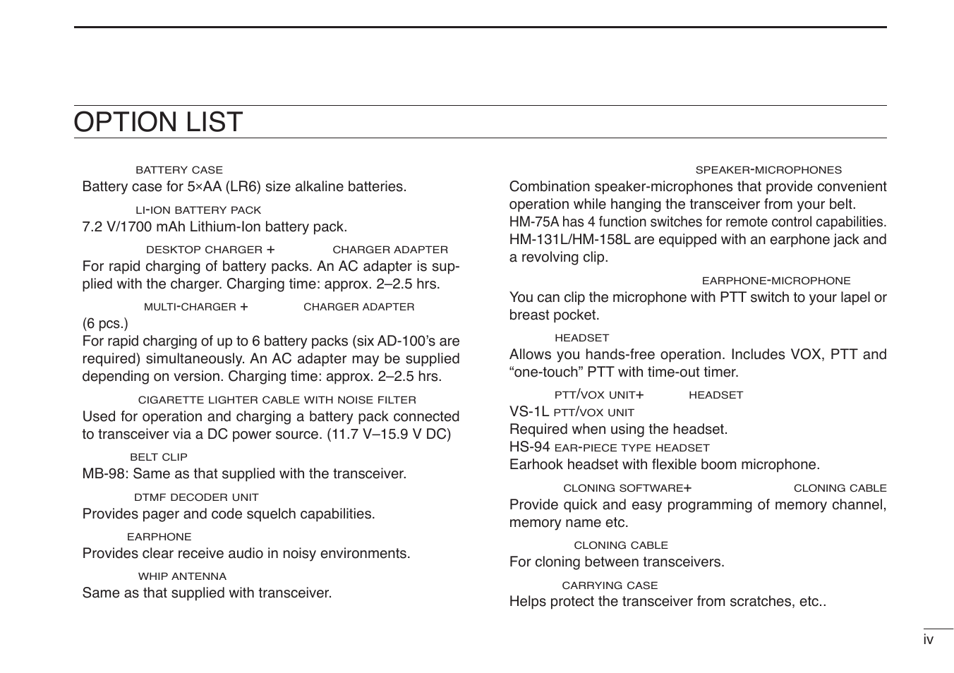 Option list | Icom IC-V85-T User Manual | Page 5 / 80