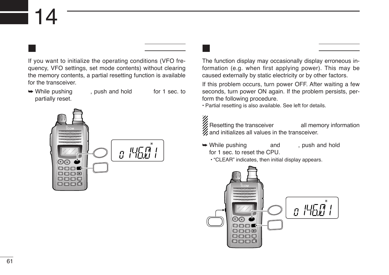Resetting functions, Partial reset, Cpu reset | Important, Power on, Clear” indicates, then initial display appears | Icom IC-V85-T User Manual | Page 74 / 80