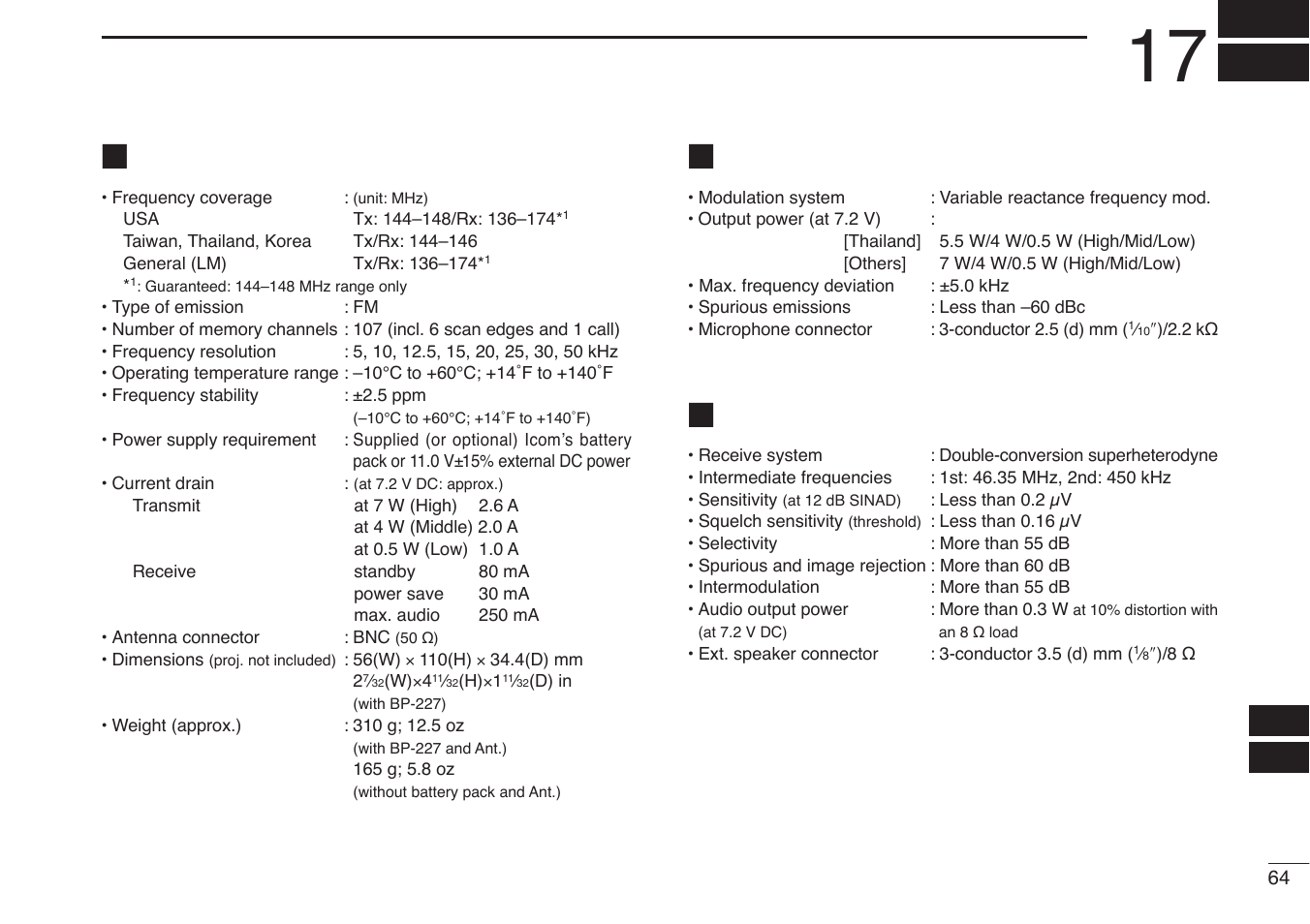 Specifications, General, Transmitter | Receiver | Icom IC-V85-T User Manual | Page 77 / 80