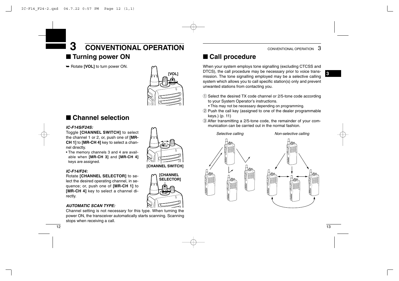 Conventional operation, Turning power on, Channel selection | Call procedure | Icom IC-F14/S User Manual | Page 10 / 21