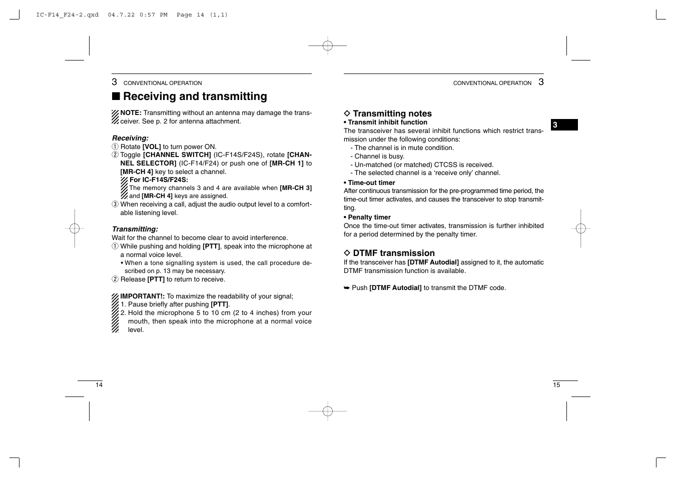 Receiving and transmitting | Icom IC-F14/S User Manual | Page 11 / 21