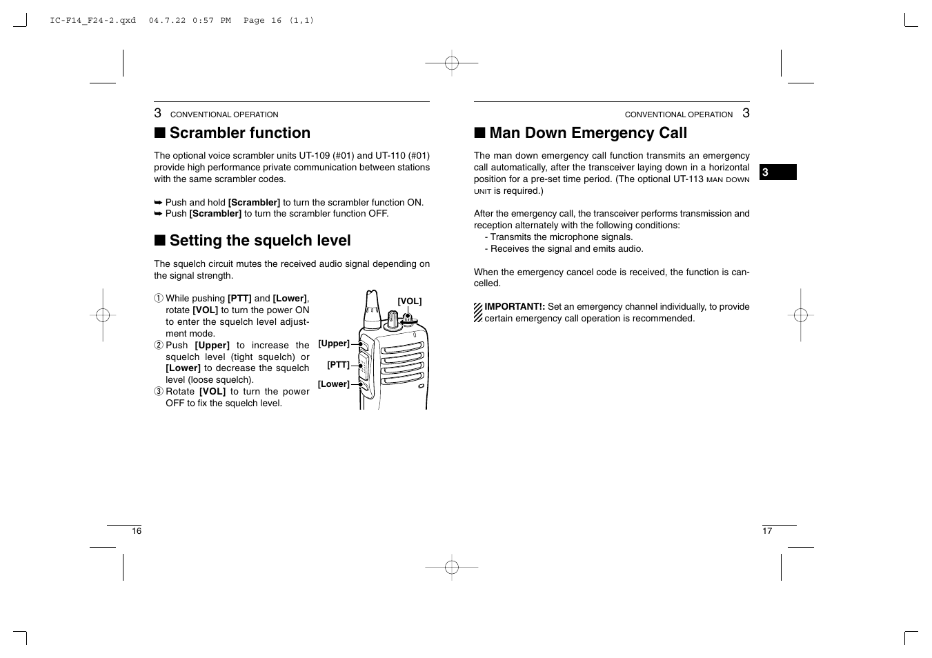 Scrambler function, Setting the squelch level, Man down emergency call | Icom IC-F14/S User Manual | Page 12 / 21