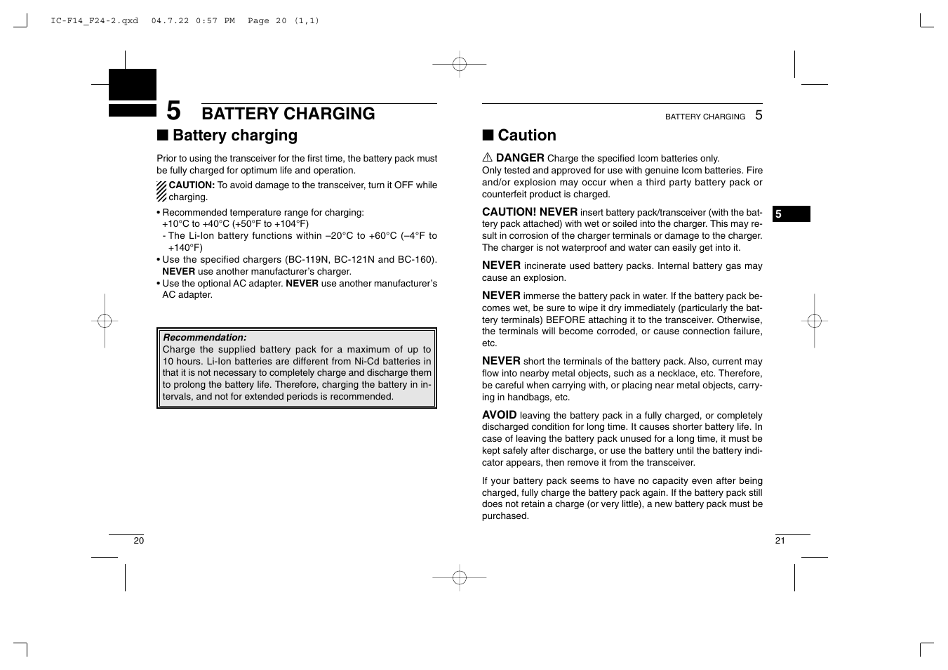 Battery charging, Caution | Icom IC-F14/S User Manual | Page 14 / 21