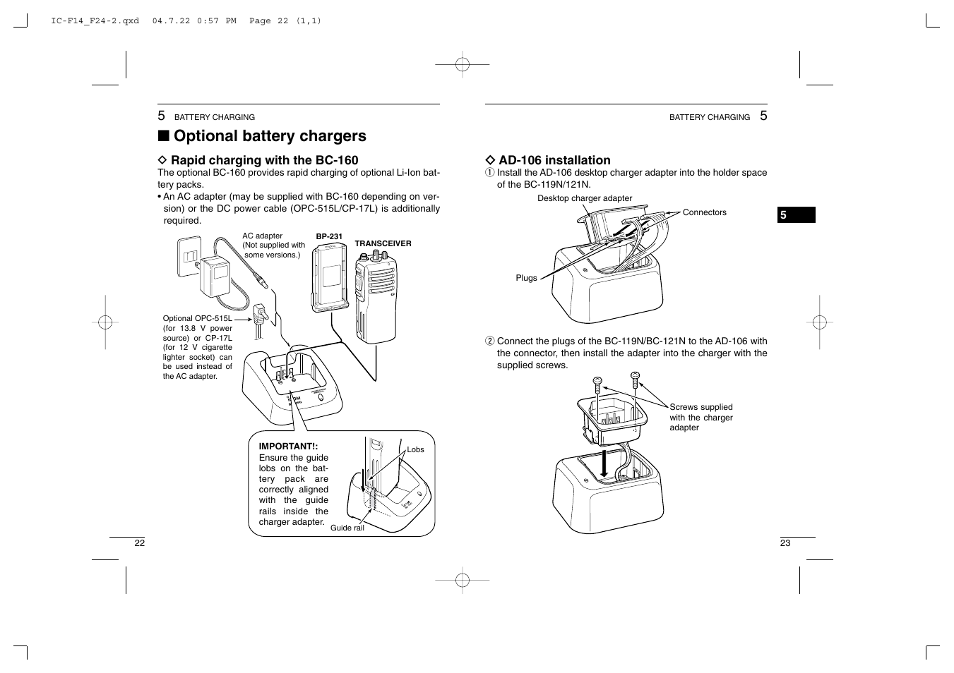 Optional battery chargers, Bc -16 0 | Icom IC-F14/S User Manual | Page 15 / 21