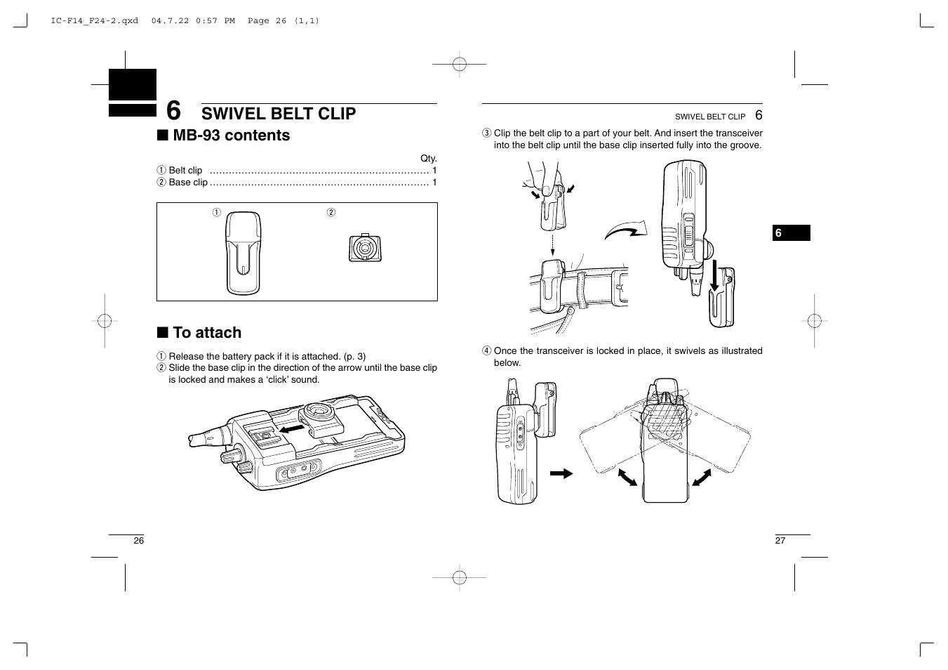 Swivel belt clip, Mb-93 contents | Icom IC-F14/S User Manual | Page 17 / 21