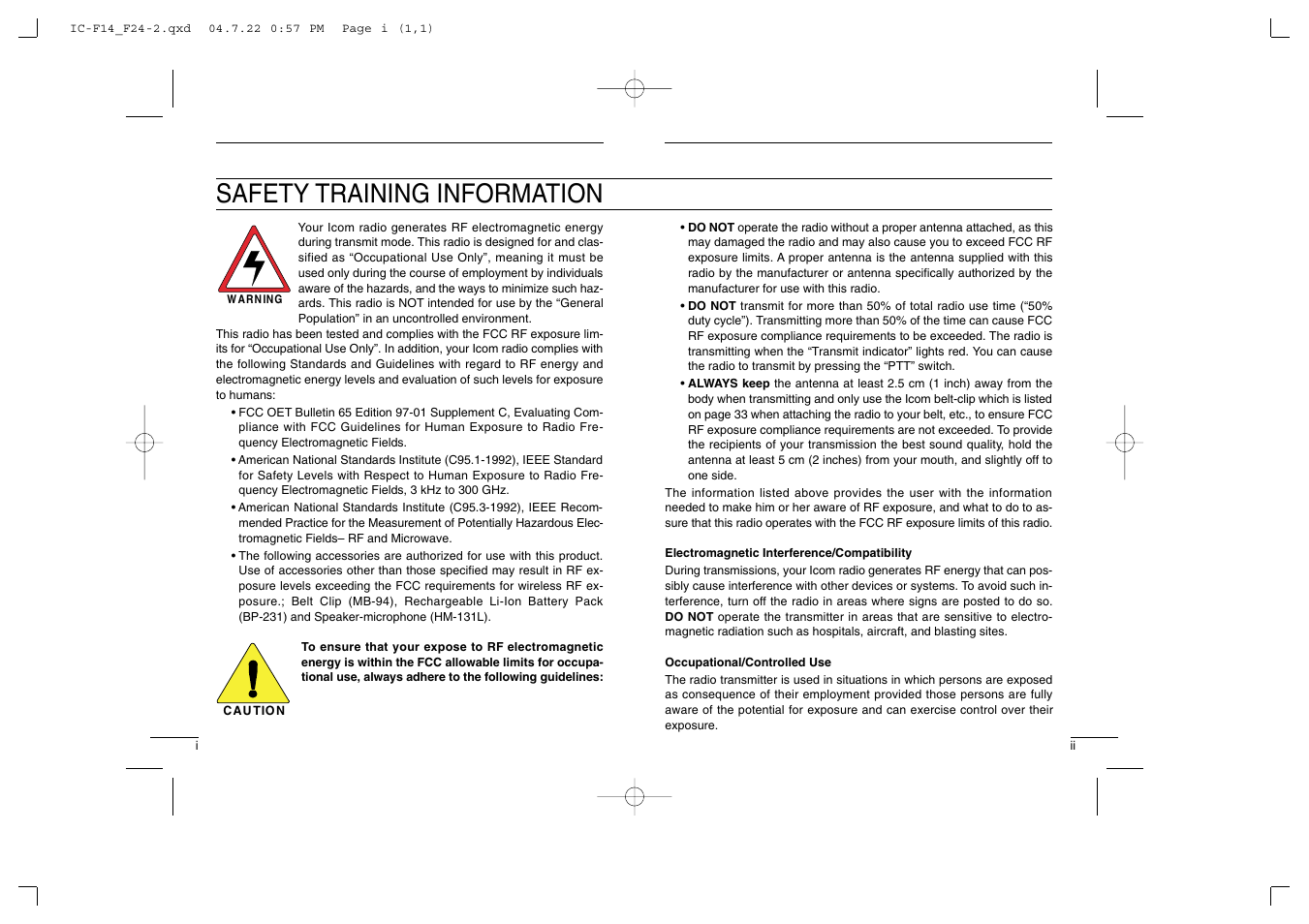Safety training information | Icom IC-F14/S User Manual | Page 2 / 21