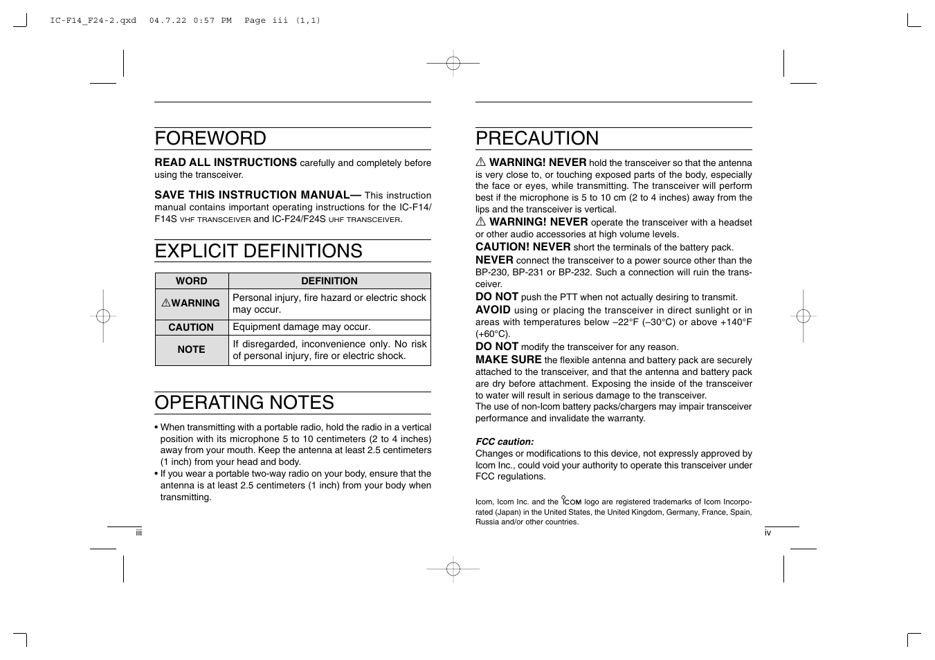 Foreword, Precaution | Icom IC-F14/S User Manual | Page 3 / 21