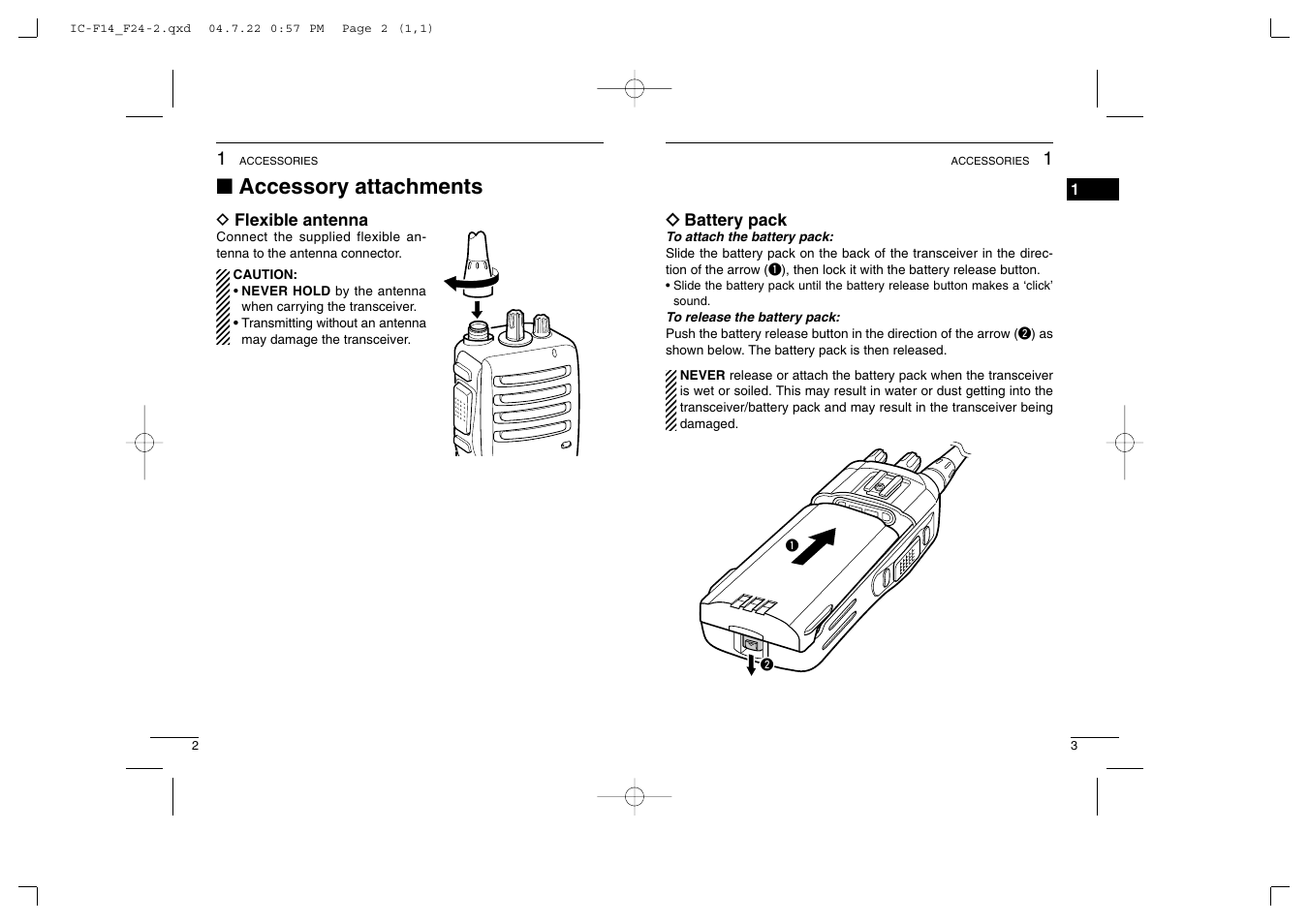 Accessory attachments | Icom IC-F14/S User Manual | Page 5 / 21