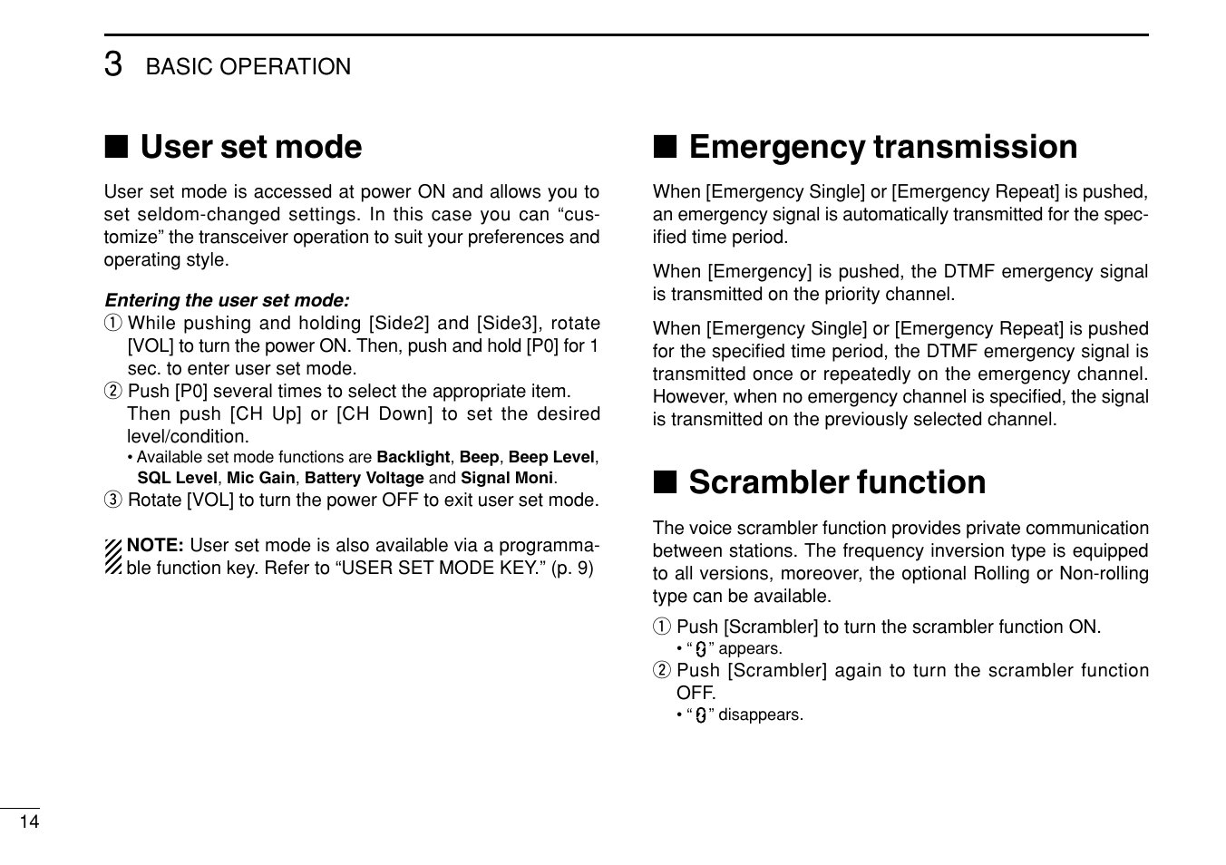 User set mode, Emergency transmission, Scrambler function | Icom IF3023T/S User Manual | Page 18 / 32