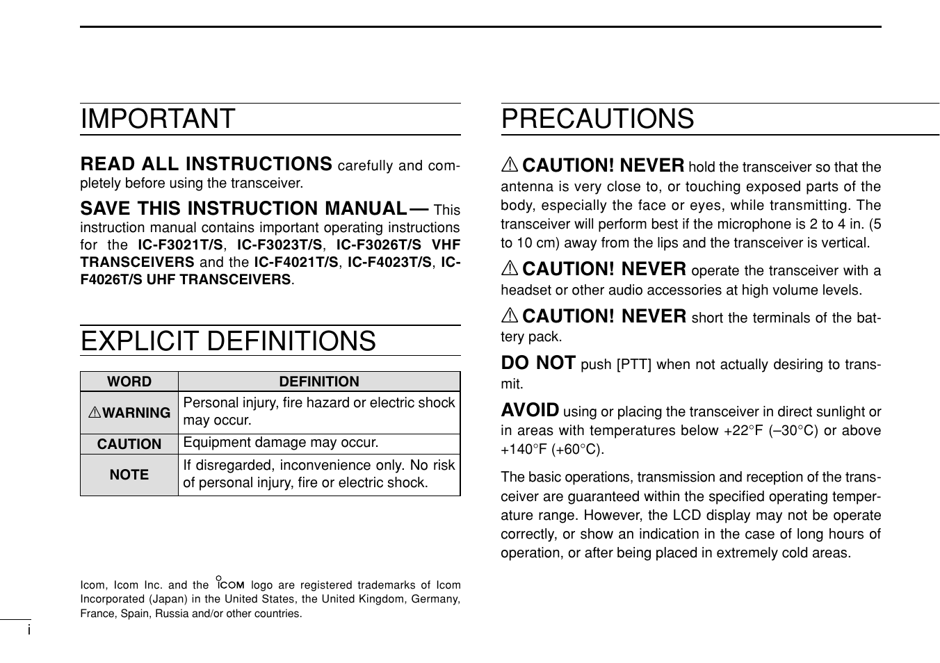 Precautions, Important, Explicit definitions | Icom IF3023T/S User Manual | Page 2 / 32