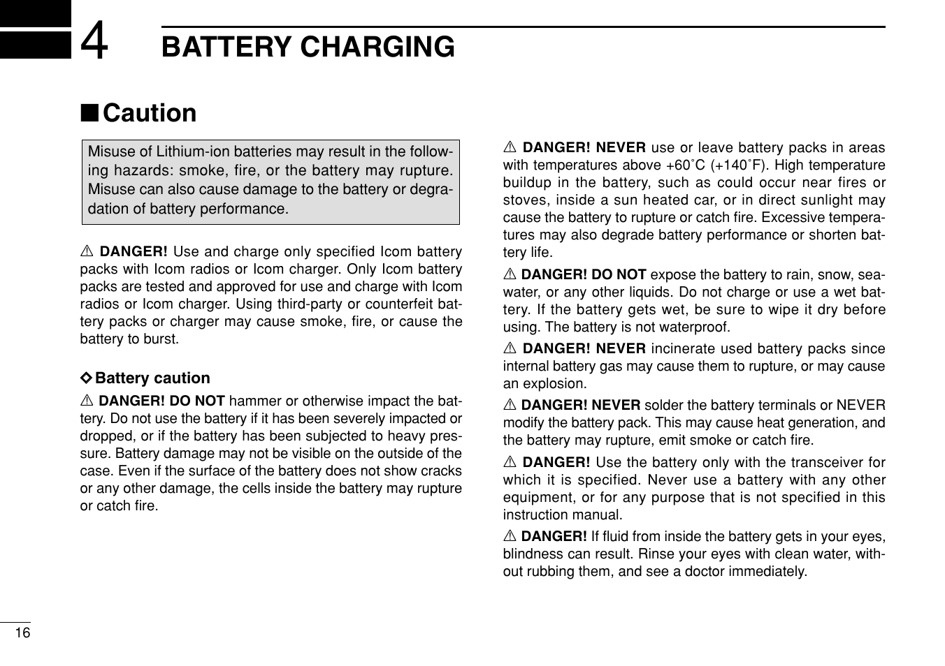 Battery charging, Caution | Icom IF3023T/S User Manual | Page 20 / 32