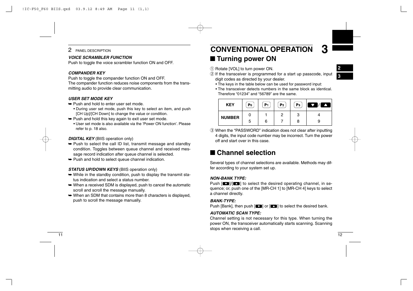 Conventional operation, Turning power on, Channel selection | Icom IC-460 User Manual | Page 10 / 29
