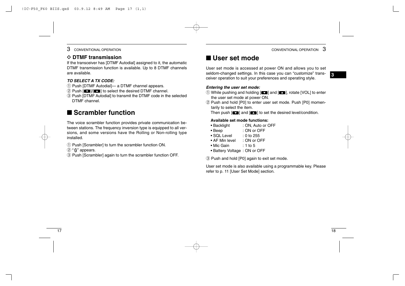 Scrambler function, User set mode | Icom IC-460 User Manual | Page 13 / 29