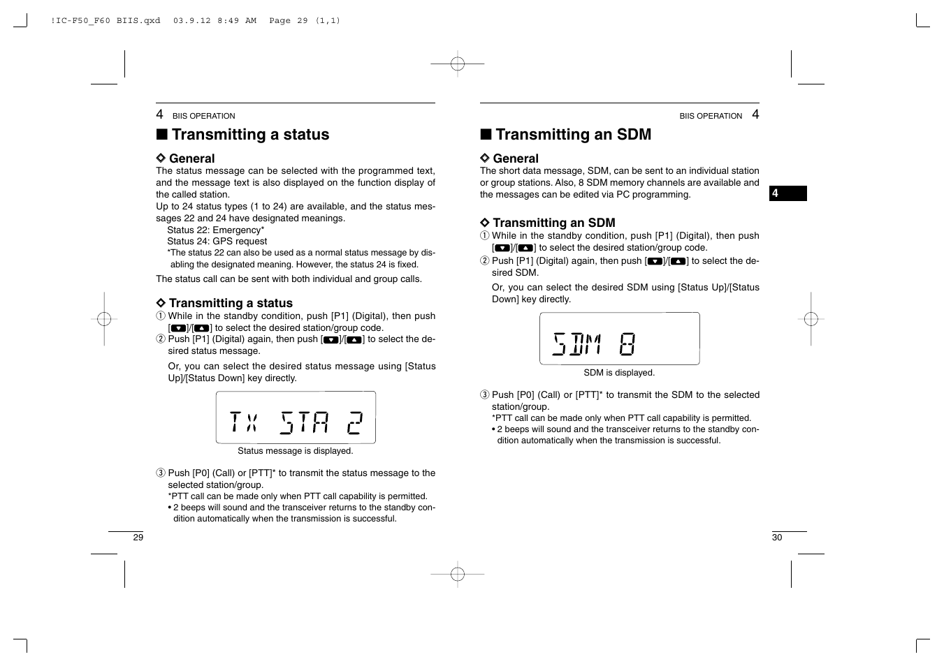 Transmitting a status, Transmitting an sdm | Icom IC-460 User Manual | Page 19 / 29