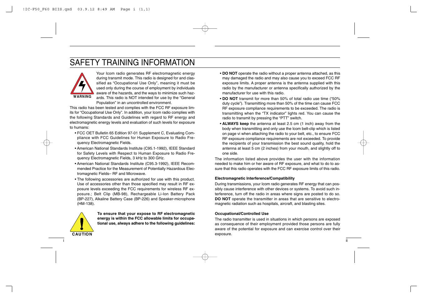 Safety training information | Icom IC-460 User Manual | Page 2 / 29