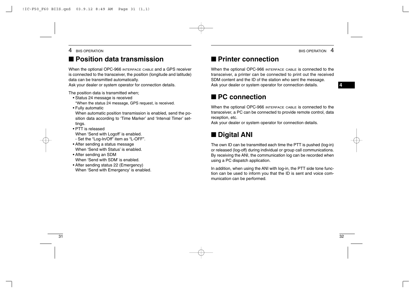 Position data transmission, Printer connection, Pc connection | Digital ani | Icom IC-460 User Manual | Page 20 / 29