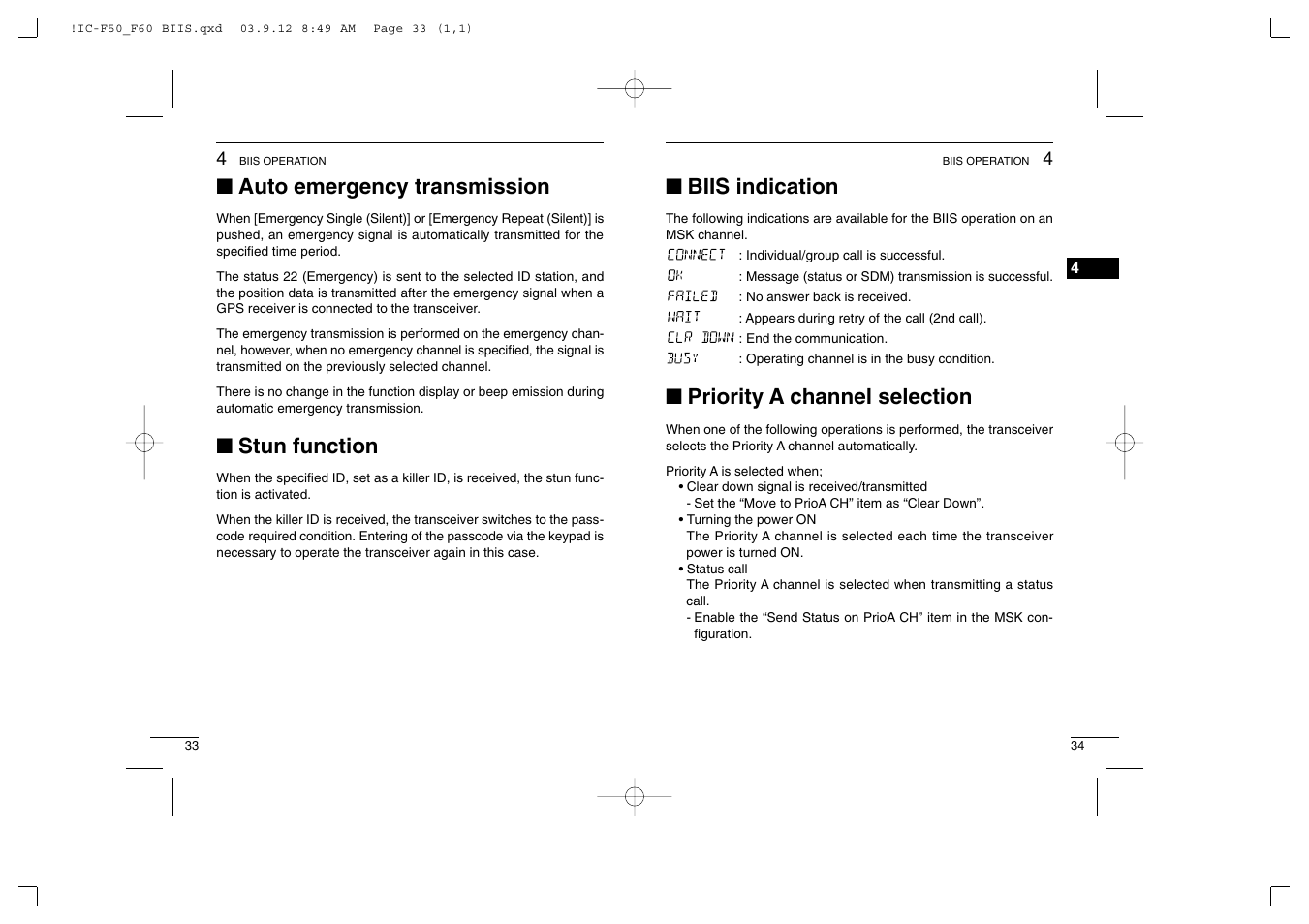 Auto emergency transmission, Stun function, Biis indication | Priority a channel selection | Icom IC-460 User Manual | Page 21 / 29