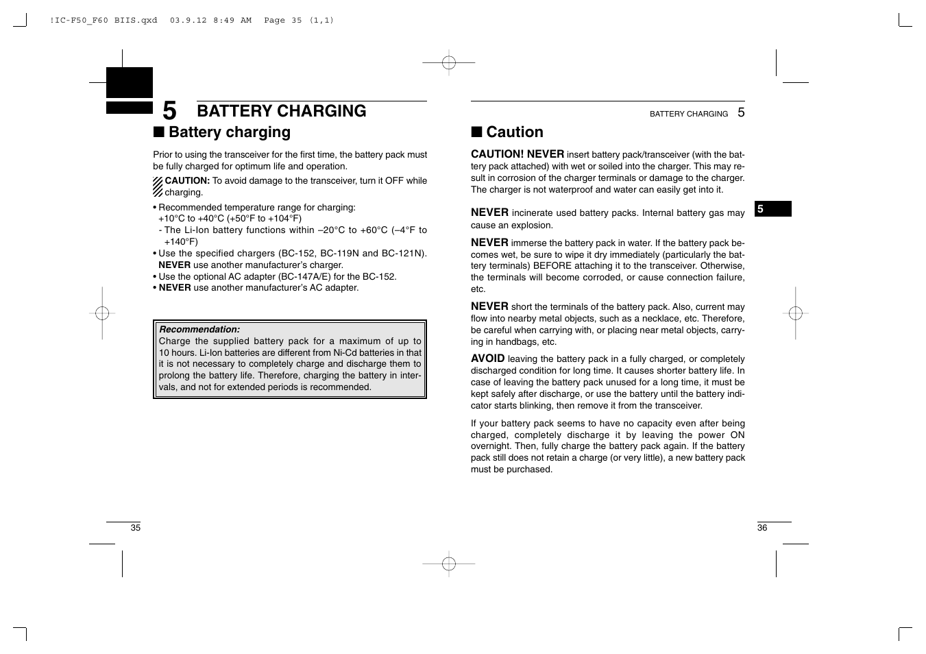 Battery charging, Caution | Icom IC-460 User Manual | Page 22 / 29