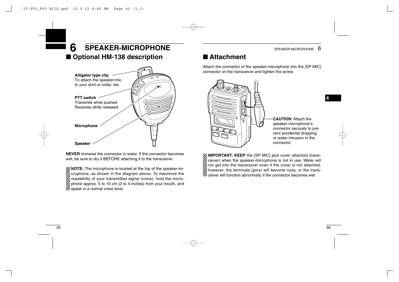 Speaker-microphone, Optional hm-138 description, Attachment | Icom IC-460 User Manual | Page 27 / 29