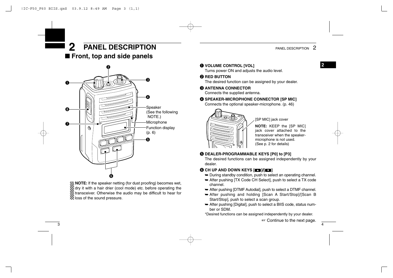 Panel description, Front, top and side panels | Icom IC-460 User Manual | Page 6 / 29