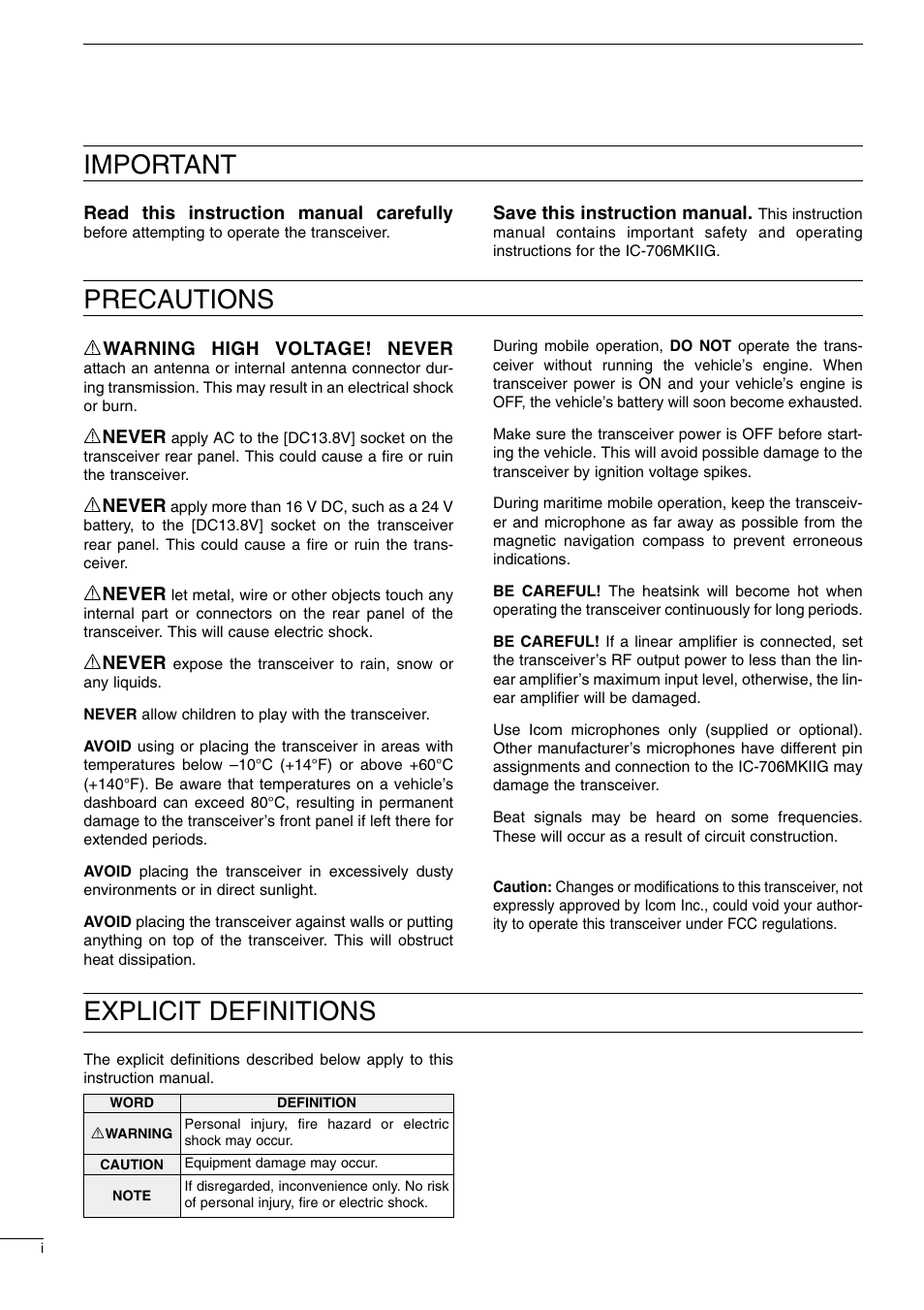 Explicit definitions precautions important | Icom I706MKTMG User Manual | Page 2 / 75
