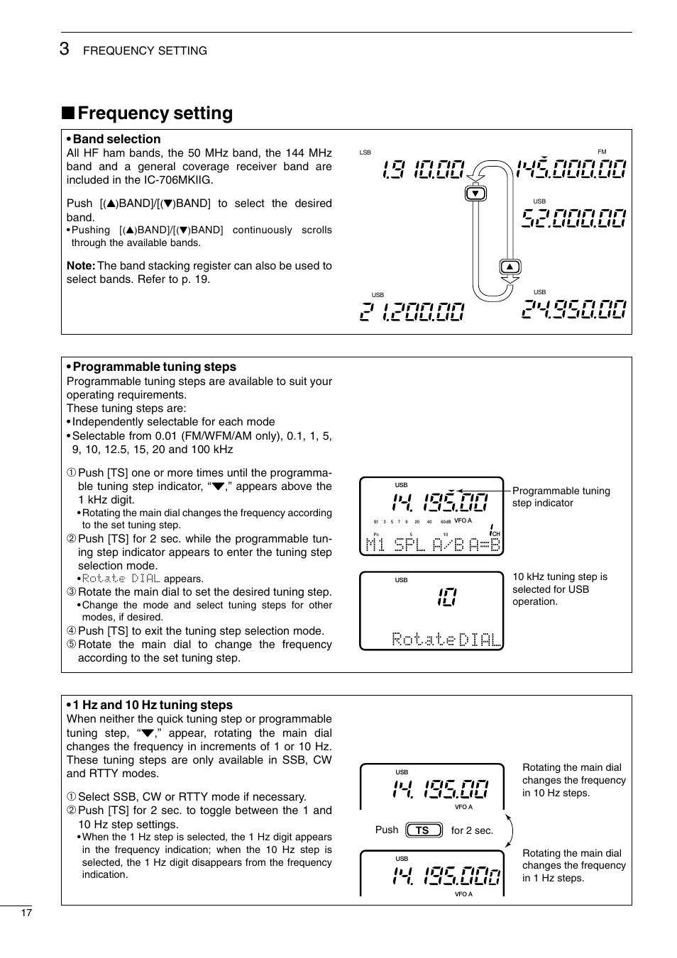 Frequency setting, M1 a/b a=b dial spl rotate, Programmable tuning steps | Band selection, 1 hz and 10 hz tuning steps | Icom I706MKTMG User Manual | Page 20 / 75