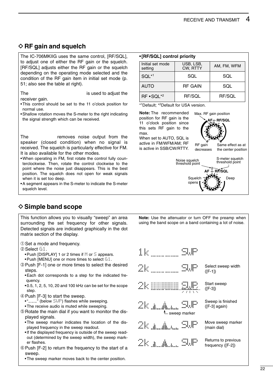 1k swp 2k swp 2k swp 2k swp k swp, 2k swp, D rf gain and squelch d simple band scope | Icom I706MKTMG User Manual | Page 25 / 75