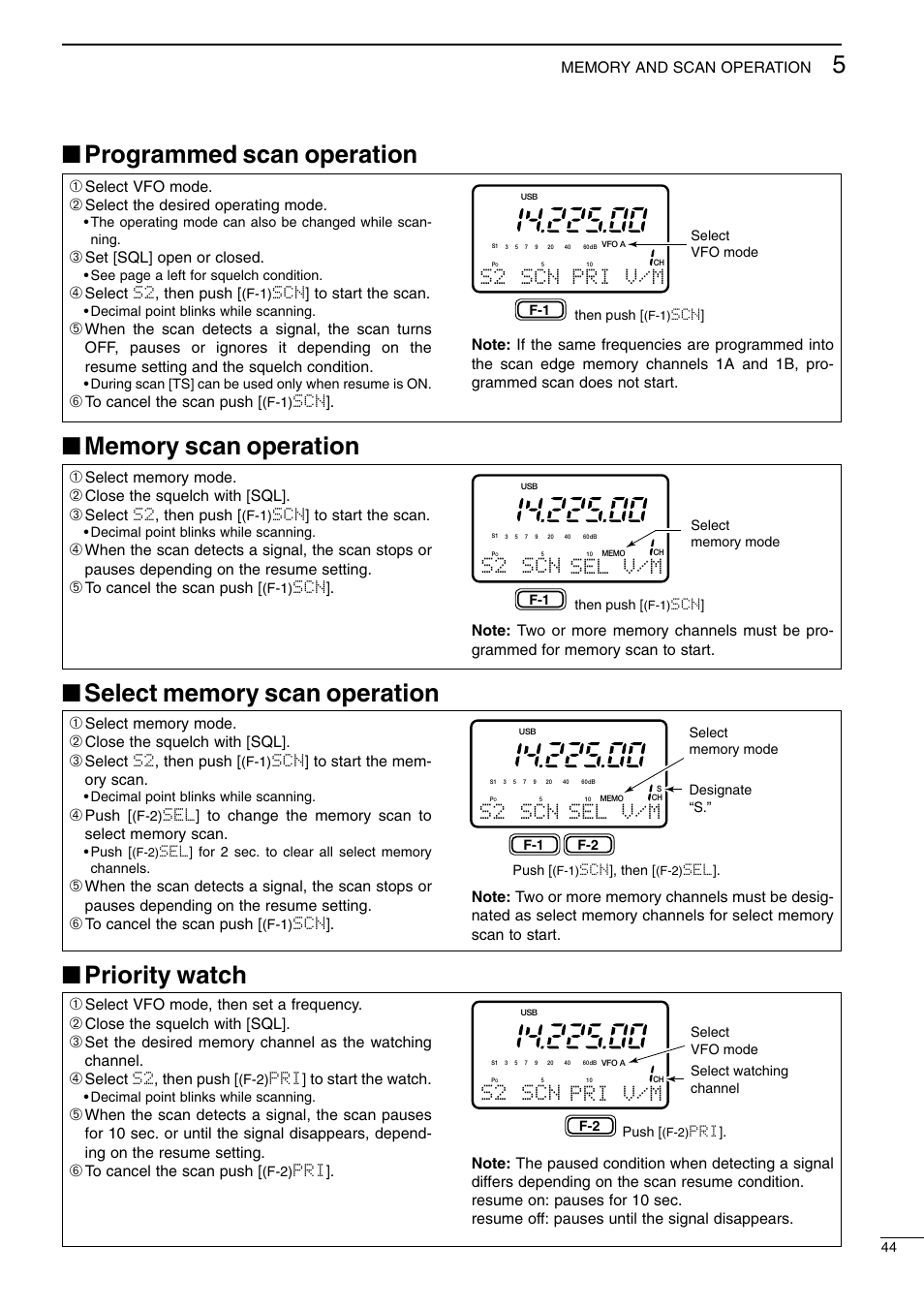 Priority watch, S2 scn sel v/m, S2 scn pri v/m | Select vfo mode, then set a frequency, Close the squelch with [sql, Select s2, then push, Pri] to start the watch, Scn] to start the mem- ory scan, Push, Scn] to start the scan | Icom I706MKTMG User Manual | Page 47 / 75