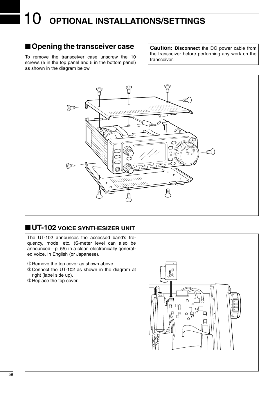 Optional installations/settings, Opening the transceiver case, Ut-102 | Icom I706MKTMG User Manual | Page 62 / 75