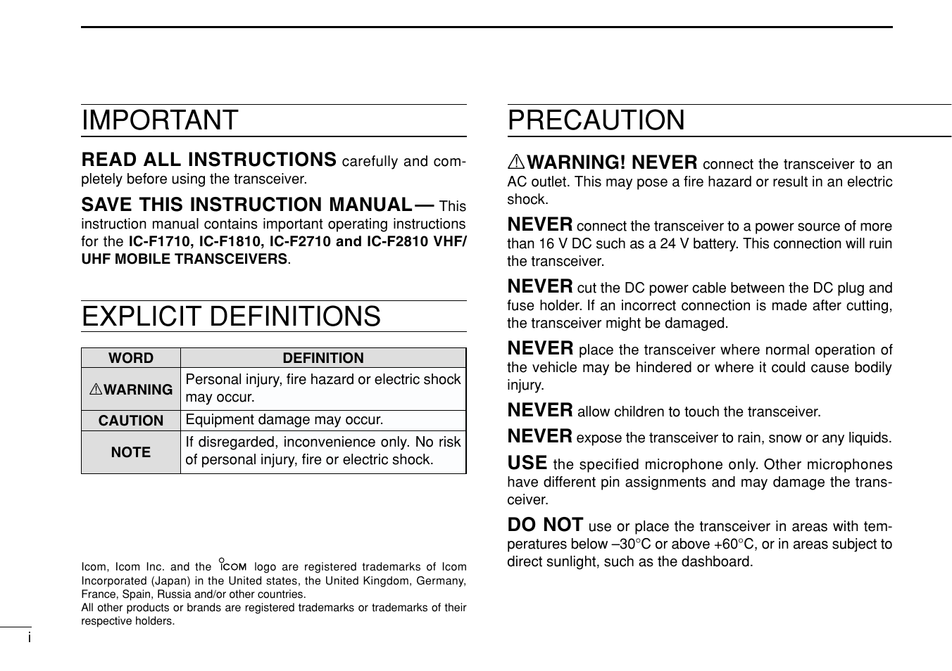 Explicit definitions, Precaution, Important | Icom IC-F1710 User Manual | Page 2 / 36