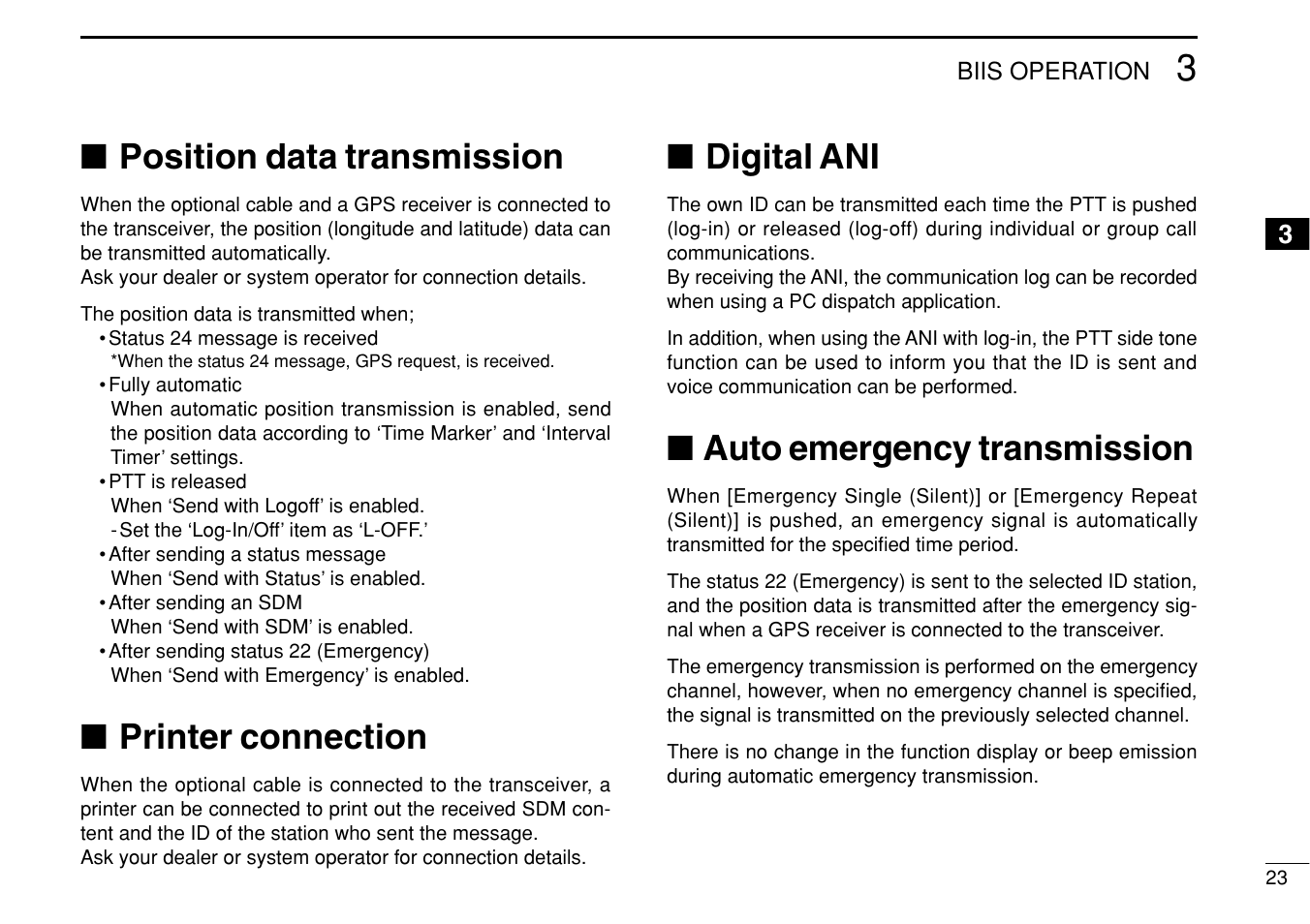 Position data transmission, Printer connection, Digital ani | Auto emergency transmission | Icom IC-F1710 User Manual | Page 27 / 36
